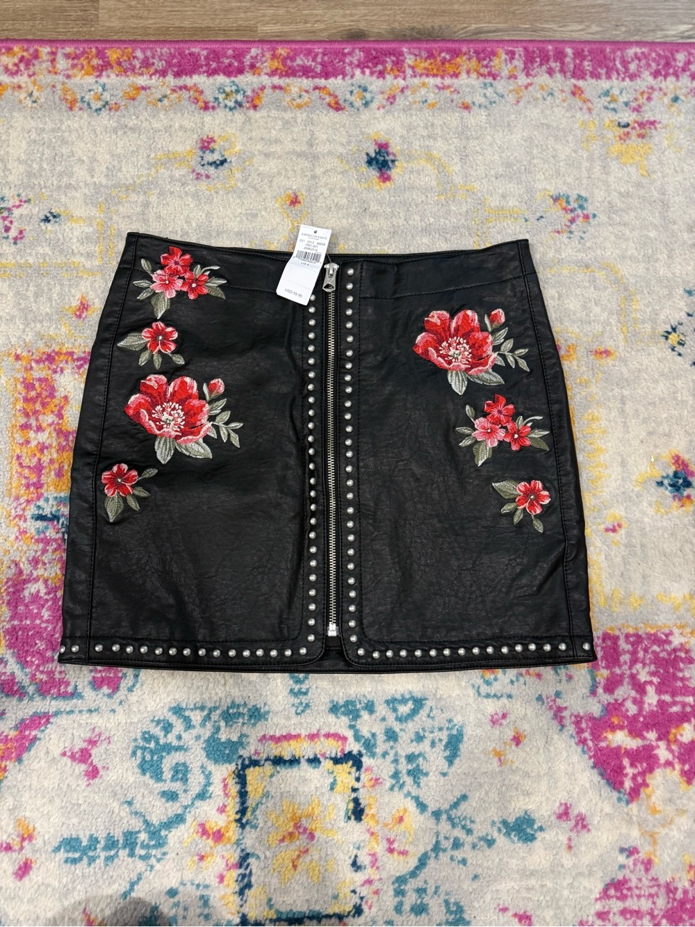 Black Faux Leather Mini Skirt with Red Floral Embroidery